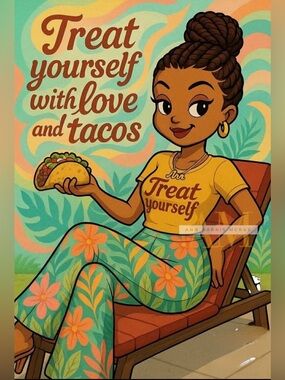 Treat Yourself Graphic Tee and Floral Pants Illustration - Yellow & Teal